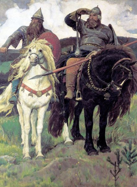 Russische Recken, aus die drei Bogatyri von Wasnezow, links Dobrynja Nikititsch, rechts Ilja Muromez