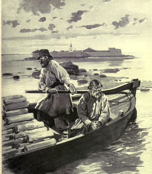 Brennholztransport auf dem Ladoga-See. Im Hintergrund die Festung Schlüsselburg.
