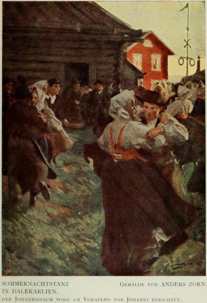 09 Sommernachtstanz in Dalekarlien. Der Johannisbaum wird am Vorabend vor Johanni errichtet. Gemälde von Andreas Zorn. 
