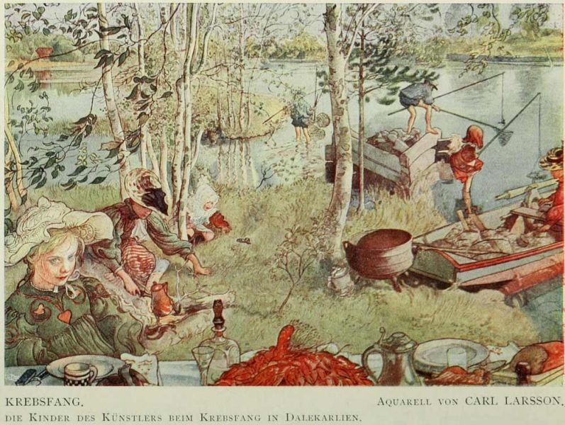 14 Krebsfang. Die Kinder des Künstlers beim Krebsfang in Dalekarlien. Aquarell von Carl Larsson.