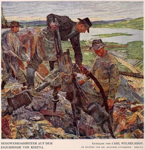 27 Bergwerksarbeiter auf dem Erzgebirge von Kiruna. Gemölde von Carl Wilhelmson
