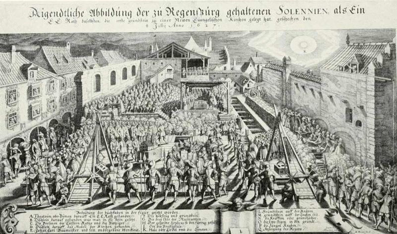 029 Grundsteinlegung der evangelischen Kirche in Regensburg. 1627. Merian, Matthäus