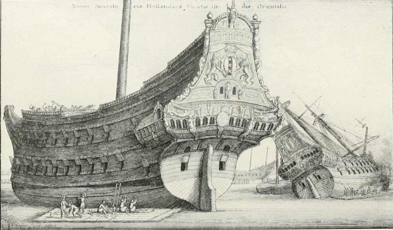 031 Holländische Ostindienfahrer auf Werft. 1647. Hollar, Wenzel