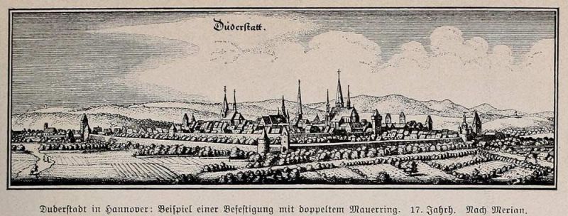 001 Duderstadt in Hannover: Beispiel einer Befestigung mit doppeltem Mauerring. 17. Jahrhundert. Nach Merian