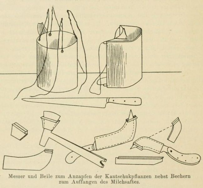 01 Messer und Beile zum Anzapfen der Kautschukpflanzen nebst Bechern zum Auffangen des Milchsaftes 