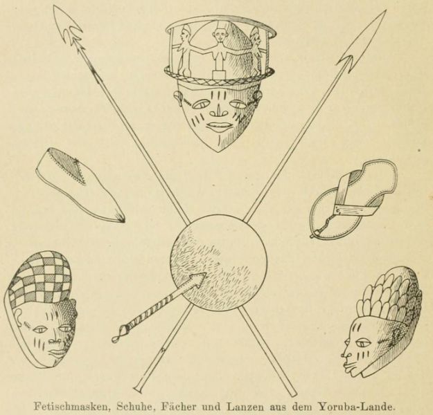 04 Fetischmasken. Schuhe, Fächer und Lanzen aus dem Yoruba-Lande. 