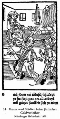 014. Bauer und Städter beim jüdischen Geldverleiher. Nürnberger Holzschnitt 1491