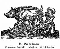 016 Die Judensau. Wittenberger Spottbild. Holzschnitt. 16. Jahrhundert