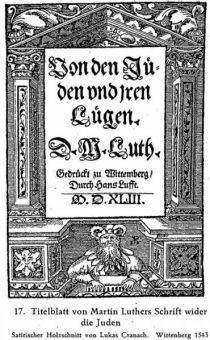 017. Titelblatt von Martin Luthers Schrift wider die Juden Satirischer Holzschnitt von Lukas Cranach. Wittenberg 1543 