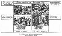 021. Messkram vor die Juden oder Jüdischer gelber Ring. Satirischer Kupferstich. 17. Jahrhundert