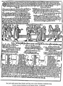T003 Der Jud stellt seinen Sinn Nacht und Tag, wie er den Christen verderben mag. Deutscher satirischer Einblattdruck auf den jüdischen Wucher. 15. Jahrhundert