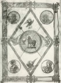 17. Das Lamm, umgeben von den Symbolen der Evangelisten. Alkuinsbibel. Bamberg. 