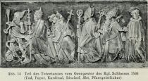 Abb. 14 Teil des Totentanzes vom Georgentor des Kgl. Schlosses 1533 (Tod, Papst, Kardinal, Bischof, Abt, Pfarrgeistlicher) 