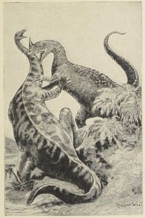Urzeit, Kampf zwischen einem Brontosaurus (Donnerdrachen) und einem Ceratosaurus (Horndrachen)