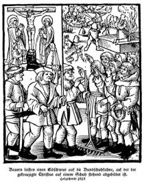 DBK 1525 003 Bauern leisten einen Eidschwur auf die Bundschuhfahne, auf der der gekreuzigte Christus auf einem Schuh stehend abgebildet ist. 1513
