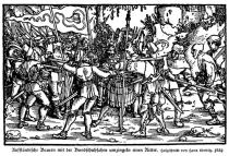 DBK 1525 004 Aufständische Bauern mit der Bundschuhfahne umzingeln einen Ritter. Holzschnitt von Hans Weiding. 1539