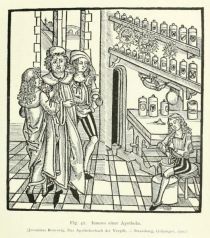042 Inneres einer Apotheke (Jeronimus Brunswig, Das Apothekerbuch der Vergift. - 1500