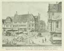 Frankfurt, 081 Der Liebfrauenberg mit den Porzellan- und Glashändlern zu Messezeiten, dahinter die Häuser zum Paradies und Grimmvogel