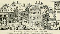 Frankfurt, 053 Erstürmung der Judengasse am 22. August 1614. Rechts vom Tor das Haus der Priesterfamilie Cahn zur Pforte