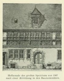 Frankfurt, 067 Hoffassade des großen Speichers von 1587 nach einer Abbildung in den Baudenkmälern