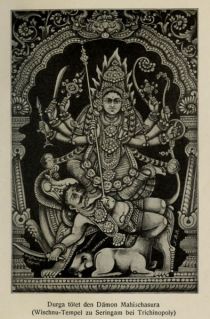 Indien 009 Durga tötet den Dämon Mahischasura (Wischnu-Tempel zu Seringam bei Trichinopoly)
