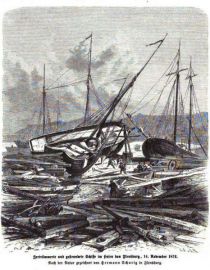 Klima, Zertrümmerte und gestrandete Schiffe im Hafen von Flensburg, 14. November 1872