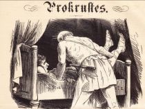 Karikaturistische Darstellung eines Prokrustesbettes aus der deutschen Satirezeitschrift „Berliner Wespen“ vom 30. August 1878