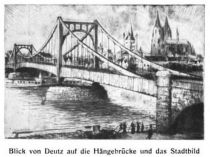 Köln. Blick von Deutz auf die Hängebrücke und das Stadtbild