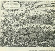 029. Schlacht bei Lützen unter Gustav Adolf, 16. November 1632. Kupferstich von Mathias Merian. Das Fußvolk kämpft In geschlossenen Haufen, daneben die Schützen. Die Stellung der Geschütze vor dem Haupttreffen ist deutlich zu ersehen.