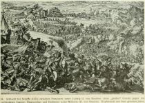 034. Schlacht hei Seneffe (1674) zwischen Franzosen unter Ludwig II. von Bourbon (dem „großen“ Condé) gegen die verbündeten Spanier, Österreicher und Holländer unter Wilhelm III. von Oranien. Kupferstich aus dem gleichen Jahre. 