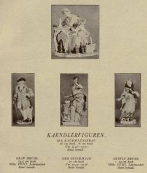 Tafel XVII. Die Kaufmannsfrau, Graf Brühl, Der Geschmack, Gräfin Brühl. Modelle von Kaendler. Bunt bemalt