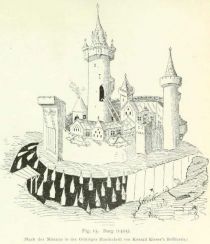 Fig. 15. Burg (1405). (Nach der Miniatur in der Göttinger Handschrift von Konrad Kiesers Bellifortis.)