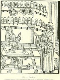 Fig. 41. Apotheke. (Jeronimus Brunswig, Das Apothekerbuch der Vergift. — Strassburg, Grüninger, 1500.)