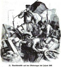 Barrikadenbild aus den Oktobertagen des Jahres 1848