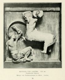 036. Kentaur und Lapithe. Um 445. Pentelischer Marmor. Metope vom Parthenontempel in Athen. London