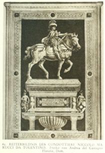 065. Reiterbildnis des Condottiere Niccolo Marucci da Tolentino. Fresko von Andrea del Castagno. Florenz, Dom.
