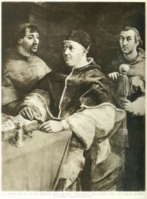 155. Papst Leo X. mit den Kardinälen Giulio de Medici, dem späteren Papst Clemens VII., und Lodovico de Rossi. Von Raffael. Florenz, Palazzo Pitti.