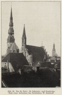 018 Riga, Die St. Petrie-, St. Johannis- und Domkirche.