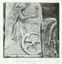 106. Wagenbesteigende Göttin. Relief in Athen