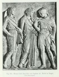 163. Hermes holt Eurydike von Orpheus ab. Relief in Neapel