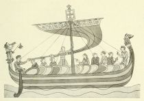 Fig. 8. Schiff Wilhelms des Eroberers ,,Mora“‘ auf der Tapete von Bayeux. (Nach Jubinal.)