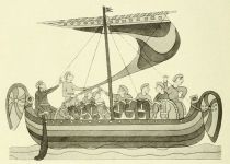 Fig. 9. Normannisches Schiff mit Pferden auf der Tapete von Bayeux. (Nach Jubinal.)