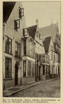 Bremen 018 Aus der Hankenstraße. Gruppe einfacher Handwerkerhäuser mit Diele und Ausluchten. Anfang des 17. Jahrhunderts