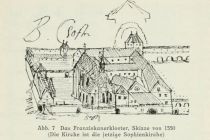 007 Dresden Das Franziskanerkloster, Skizze von 1550 (Die Kirche ist die jetzige Sophienkirche)