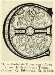 Buchstabe E aus einer Augustinus-Handschrift aus Tournai (Brüssel, Kgl. Bibliothek, Nr. 21842).