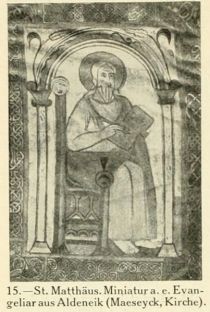 St. Matthäus. Miniatur a. e. Evangeliar aus Aldeneik (Maeseyck, Kirche).