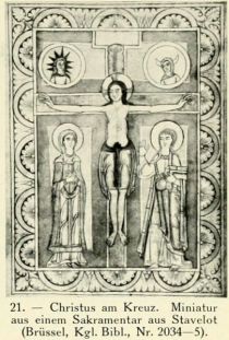 Christus am Kreuz. Miniatur aus einem Sakramentar aus Stavelot (Brüssel, Kgl. Bibl., Nr. 2034-5)