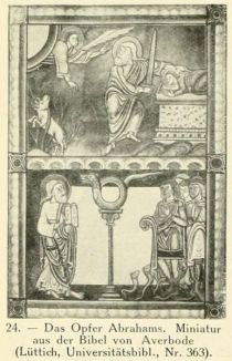 Das Opfer Abrahams. Miniatur aus der Bibel von Averbode (Lüttich, Universitätsbibl., Nr. 363) 