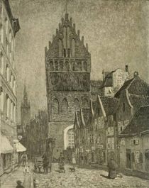 Danzig — The Poggenpfuhl, with St. Peters Church and the Rathaus Tower. Painted by Alfred Scherres. 