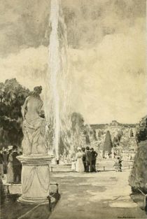 Potsdam — The Great Fountain in Sans Souci Park, with the Terraces and Palace in the background. Painted by Hans Herrmann. 